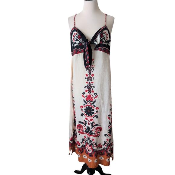 Vintage FARM RIO Dress Womens Flower Rug Midi Size G Large Tie Front Boho RARE - Picture 13 of 16